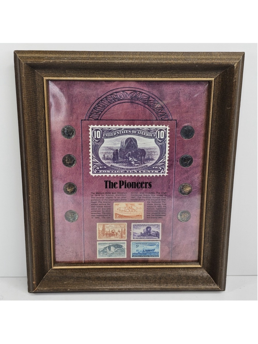 Mercury Dime Coins & 5 Postage Stamps Vintage Framed The Pioneers 8 Liberty USA